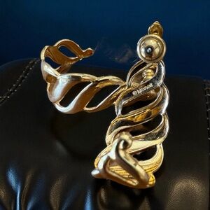 VTG Monet Gold Tone J Hoop Earrings Wavy Openwork Ribbon Geometric Statement